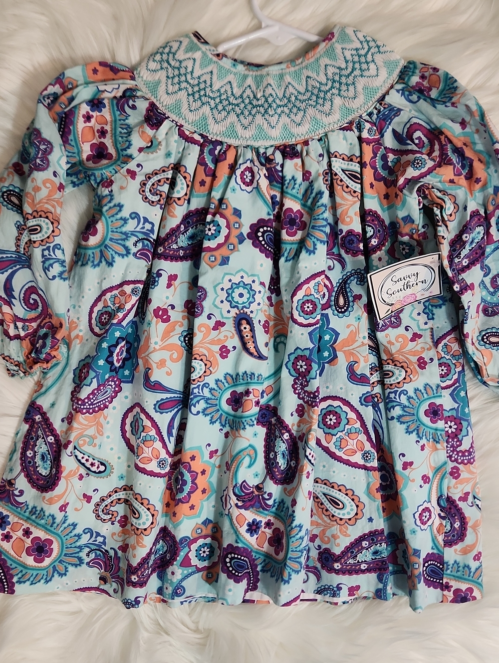 Paisley Smocke Dress - Color: Aqua & Purple - Size: Girls 2T - Brand: Marmellata